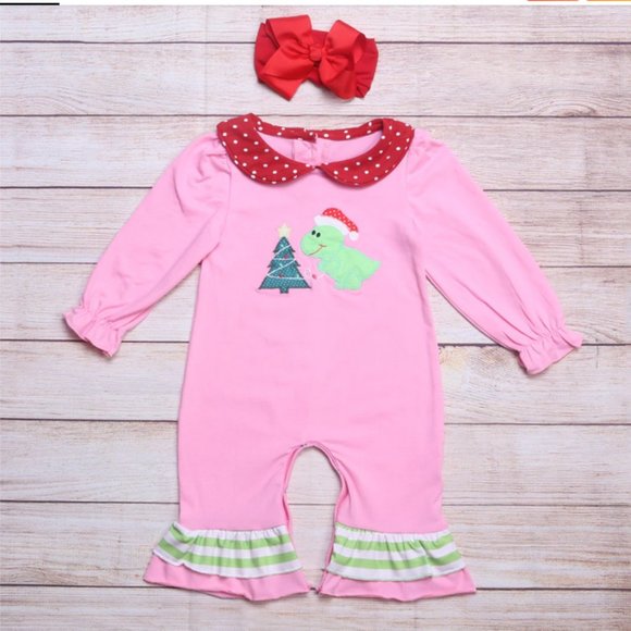 One Pieces Boutique Baby Girls Dinosaur Christmas Romper Jumpsuit